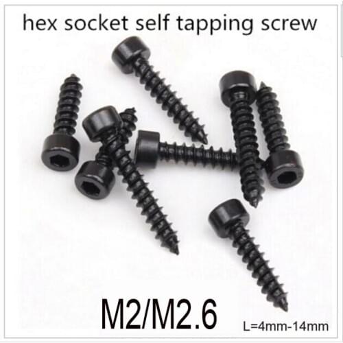 100pcs/lot Alloy Steel With Black M2/M2.6 Hexagon Socket Cap Head Self Tapping Screw Model Screw Length 4mm--14mm