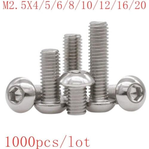 1000PCS button Head iso7380 M2.5*4/5/6/8/10/12/16/20 Stainless steel 304 hex socket button head machine screw