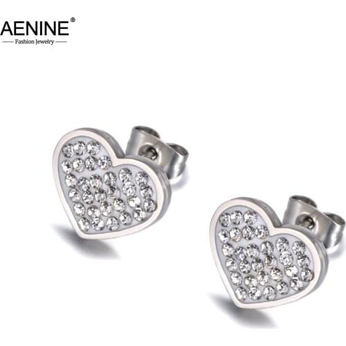 AENINE Trendy Stainless Steel Black/White Rhinestone Bohemia Earrings Jewelry CZ Crystal Heart Earrings For Women Girl AE20036