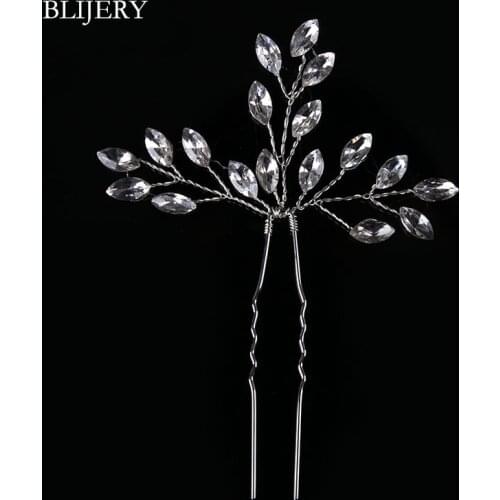 BLIJERY Bridal Wedding Leaf Flower Hair Pin Silver Color Crystal Hair Stick Handmade Hairpins Bridesmaid Bride Hair Accessories