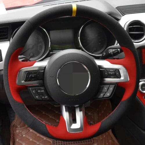 Car Steering Wheel Cover Hand-Stitched Non-slip Black Suede Genuine Leather For Ford Mustang 2015-2019 / Mustang GT 2015-2019