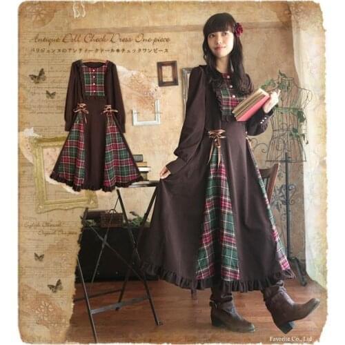 Japanese Lolita Mori Girl Long Dress Spring/Autumn Pliad Patchwork Brown Dress