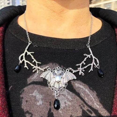 Gothic Mystical Energy Twig Head Chain Sorcerer Pagan Magic Evil Bat Necklace Women Charm Pendant Accessories