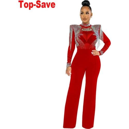 High-Quality Fashion Tassel Women Jumpsuit Sexy Casual Slim Turtleneck Mesh See-Through Diamond Sparkly Rhinestone Overalls 2021
