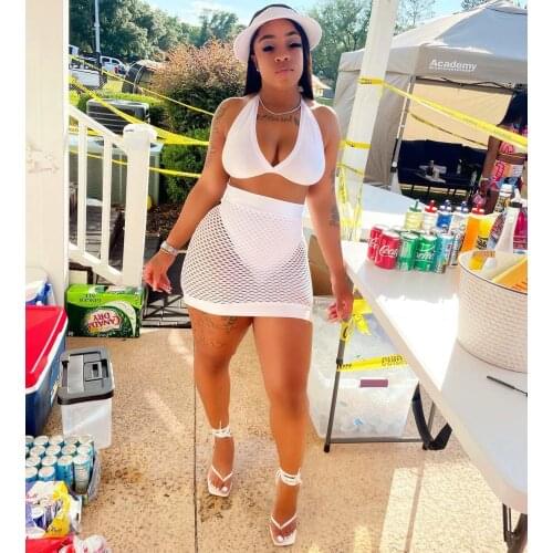 SKMY 2 Piece Sets Womens Outfits Summer Fashion Solid Color Mesh Halter Crop Tops And Skirt Suits Bodycon Party Clubwear
