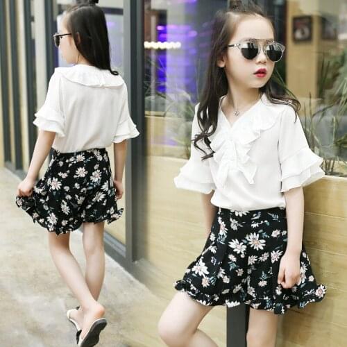 Teenager Girls Two Piece Clothing Sets Firnak Party Wedding T-shirts Tops and Flower Shorts Suits Girl Dress 4 -10 -14 Years