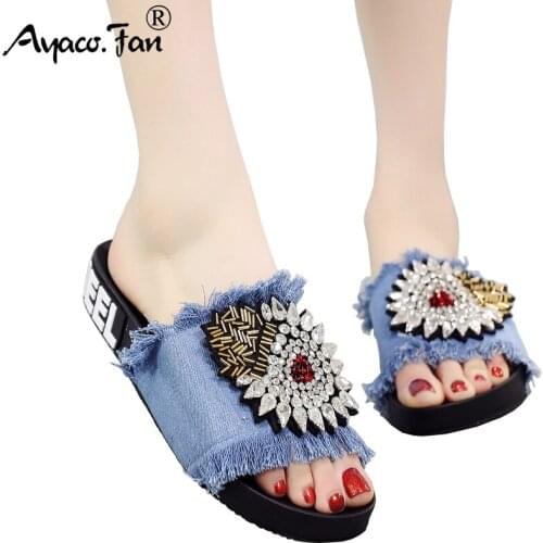Summer Slippers for Women Ladies Girls New Crystal Flat Sandals Slippers Beach Shoes Fashion Denim Slippers de verano para mujer