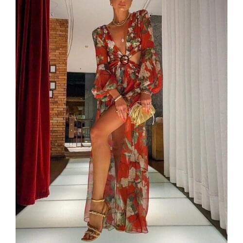 Fashion Sexy Printed Lantern Long Sleeve V-Neck Slit Dress