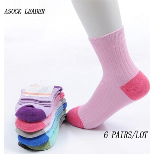 6 Pairs/Lot Spring&Summer New Cotton Girls Socks Candy Colors Durable Socks 7-12 Year Children Student Socks