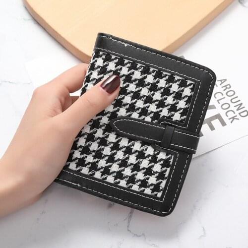 New Short Drawstring Houndstooth Purses for Women Small Wallets with Zipper Hasp Multi Card Coin Bags Female Leather Card Holder