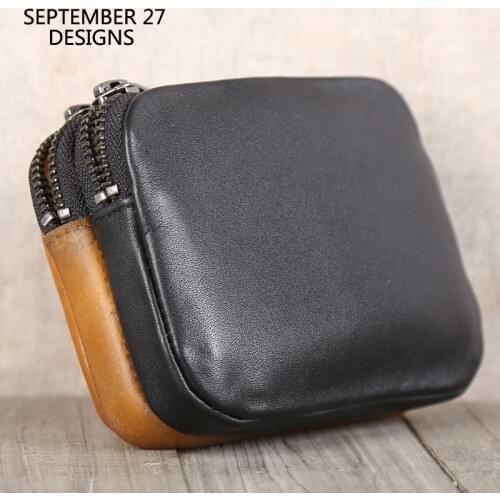 Double Zipper Coin Purses First Layer Cow Leather Change Money Bag Panelled Small Coin Pouch Genuine Leather Unisex Mini Wallets