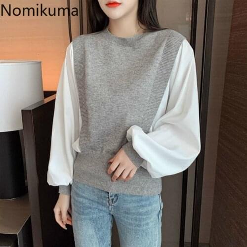 Nomikuma Autumn Patchwork Fake Two Pieces Pullover Knitwear Batwing Long Sleeve O-neck Women Sweater Causal Pull Femme 6D371