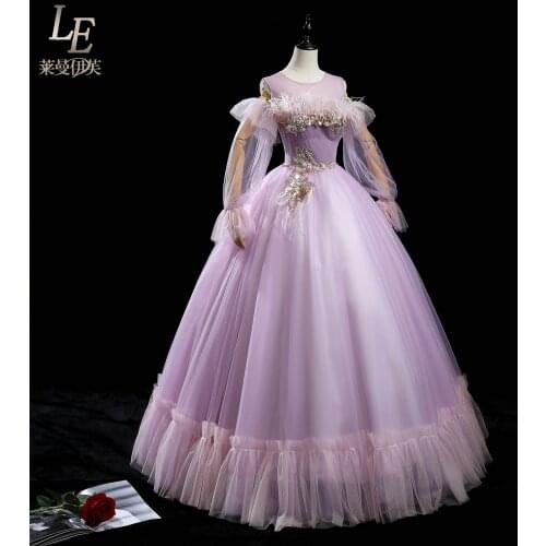 Luxury light lavender feather beading embroidery Medieval dress Renaissance royal princess queen Victoria ball gown