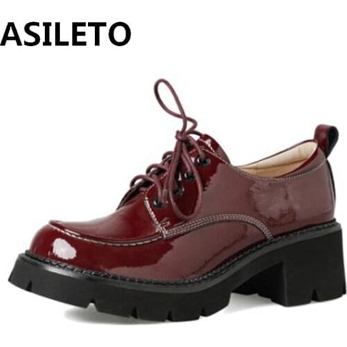 ASILETO 2021 Genuine Leather Pumps Lofers Vintage Lace Up Platforms Square Toe 5CM Thick Sole Block Heel US9 Black Red A4448