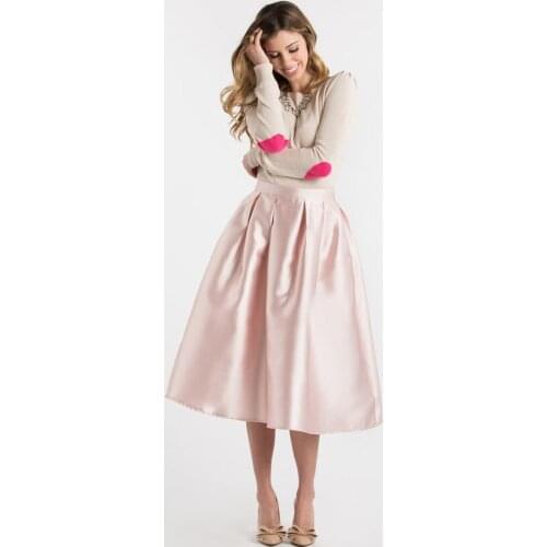 Bright Color Pink Satin Skirts Women Custom Made Zipper Band Waistline A Line Mid Calf Skirt With Pockets Pleated Skirt