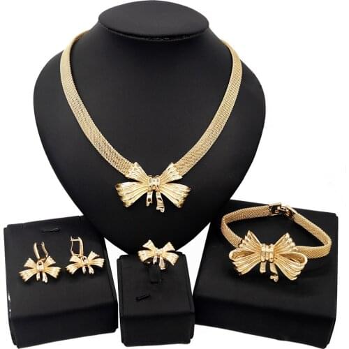 Yulaili Top Quality Dubai Gold Bowknot Necklace Earrings Bracelet Ring Fashion Nigeria Wedding African Jewelry Sets Wholesale