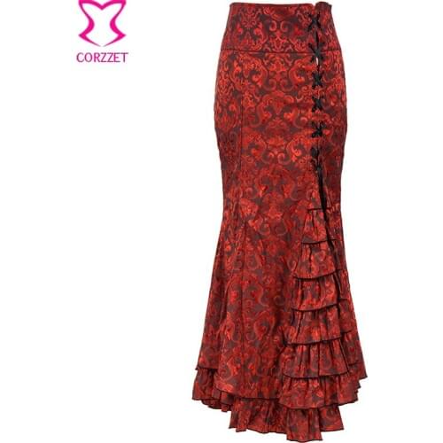 Red Brocade Side Lace Up Slim Long Ruffled Trumpet Steampunk Gothic Maxi Skirt Plus Size Vintage Victorian Skirts For Women 6XL