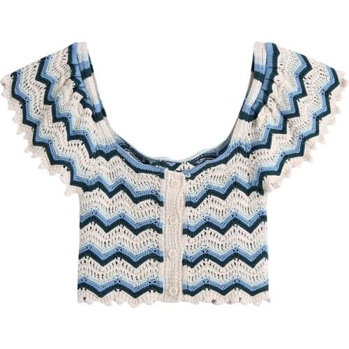 Women Casual Striped Cropped Blouse Shirts Summer Short Sleeve Sweet Ruffles Tops Female Chic Buttons Blouses Mujer