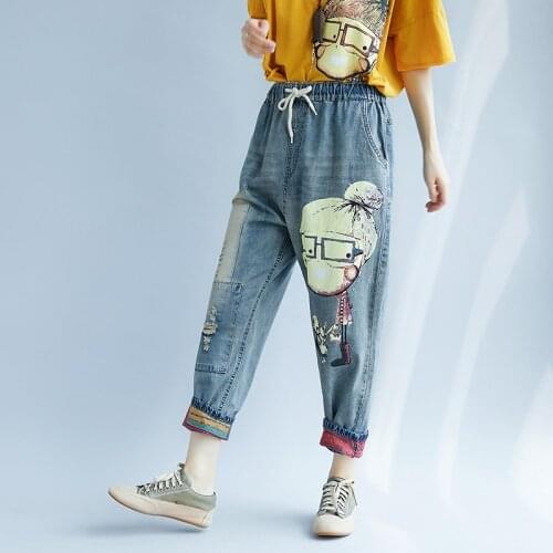 Womens Jeans 2019 Autumn New High Waist Elastic Band Jeans Cartoon Patch Harem Denim Pants Holes Casual Loose Trousers R270