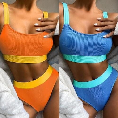 2021 Womens Sexy High Waist Bikini Swimwear Summer Push Up Bikini Set Swimsuit Fashion Patchwork Ribbed Beachwear Bathing Suit