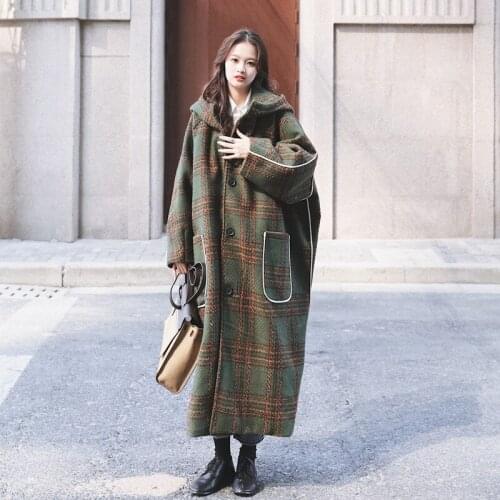 Womens Tide Brand Coat 2021 New Autumn Winter All-Match Mid-Length Woolen Cloth Thick Plaid Loose Fashion Retro Woolen Cloth C1