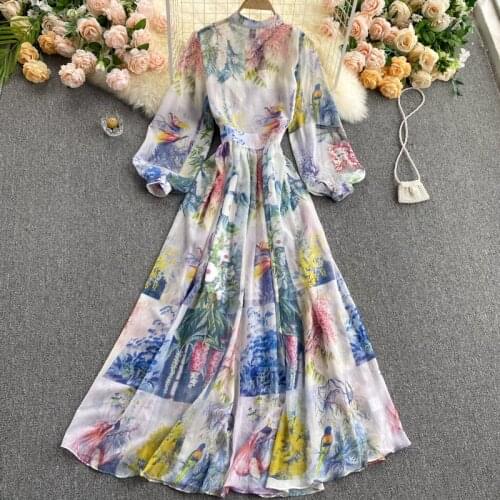 Womens Spring Summer Runway Fashion Long Sleeve Print Long Dress Female Long Sleeve Chic Travel Party Beach Dress TB944