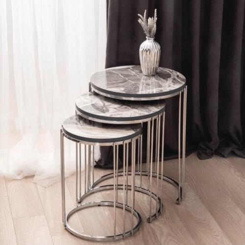 Mobi Home Rome Chrome Metal Leg, Marble Patterned Nesting Table Mdf with Stylish Modern Living Room Living Room Office