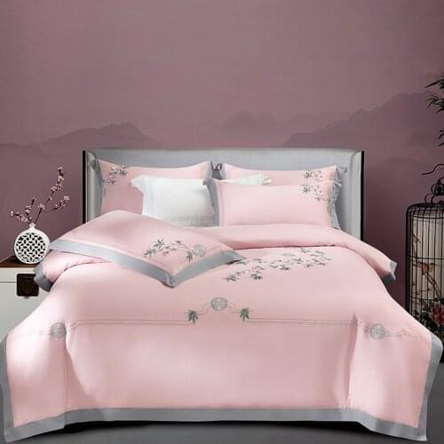 New 1000TC cotton Bedding Set light green Elegant embroidery Duvet Cover Flat Sheet Bed Linen Pillowcase For Adult Bed Set 4PCS