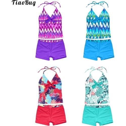 TiaoBug Fashion Summer Kids Girls Printed Swimsuit Tankini Halter Vest And Boyshorts Bikini Sets