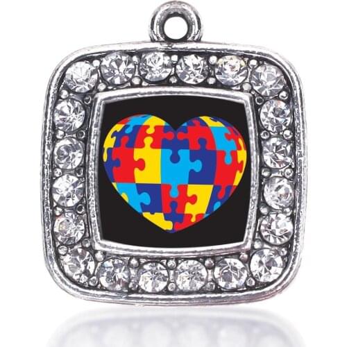 Fashionable Clear Rhinestone Heart Puzzle Piece Autism Jigsaw Awareness Square Pendants For Necklaces Earring Bracelets Makings