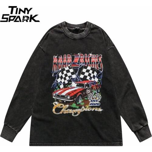 Men Hip Hop Washed Sweatshirt Streetwear Pullover Car Lightning Letter Print Sweatshirt 2021 Autumn Harajuku Cotton Pullover
