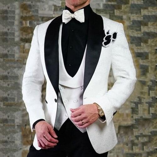Custom Made White Printed Men Suits Wedding Black Shawl Lapel Groom Tuxedo 3 Piece Slim Fit Best Man Blazer Jacket+Pants+Vest