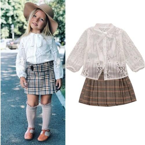 1-6Y Kids Baby Girls Clothes Set 2021 Summer Autumn Children Long Sleeve Lace Shirt Tops +Plaid Skirts Fashion Girls Outfits