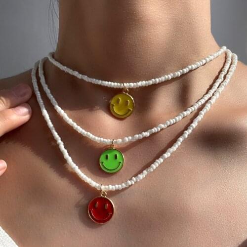 Lovely Colorful Enamel Smile Face Beaded Necklace For Women Handmade White Beads Resin Choker Necklaces Girls Vacation Jewelry