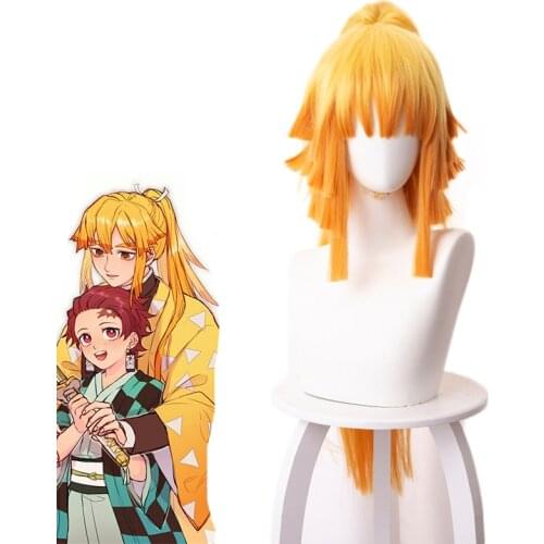 Anime Demon Slayer Kimetsu no Yaiba Agatsuma Zenitsu Wig Cosplay Costume Long Ponytail Heat Resistant Synthetic Hair Wigs