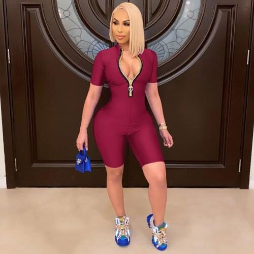 Casual Sportswear Bodycon Bodysuit Jumpsuit Summer Sexy Fitness Zipper Short Sleeve Biker Shorts Romper Jumpsuit Women Clothing