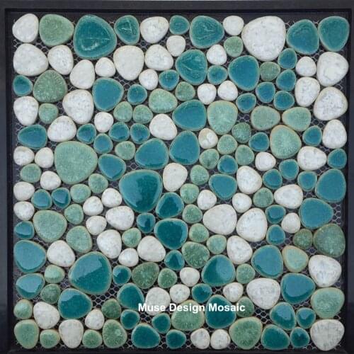 Factory Direct,Glossy Fresh Green White Glazed Pebble Mosaic Tile, Bathroom Pool Wall tile Floor Tile Outdoor Interior Decor
