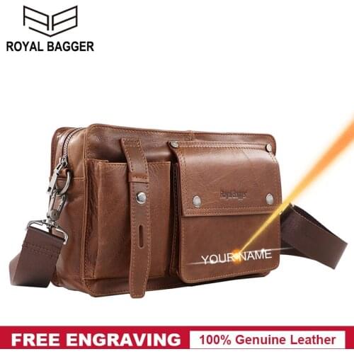 Royal Bagger Messenger Bag for Men Real Cowhide Retro Fashion Shoulder Bags Business Casual Man Sling Pocket Genuine Cow Leather