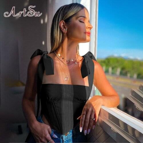 ArtSu Tie Up Strap Asymmetric Tank Tops Women Sleeveless Sexy Camisole Casual Backless Crop Top Bandage Patchwork Summer VE52477