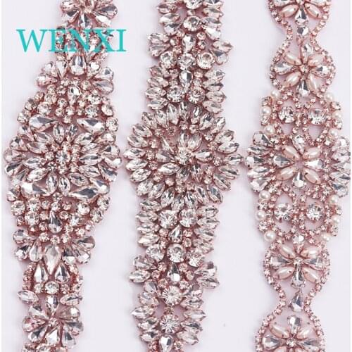 WENXI Wholesale (5pcs) Handmade Beaded Rhinestones Appliques Rose Gold Crystal For Bridal Dress Sash Accessory