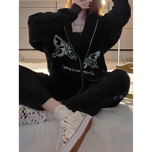 Y2K Fashion Oversized Butterfly Graphic Print Zip Up Hoodies E-girl 90s Streetwear Diamond Grey Long Jacket Spring/Autumn Tops
