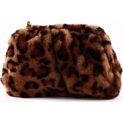 Women Fashion Plush Leopard Printed Banquet Party Shoulder Bag Dumpling Handbag Elegant Large Capacity Female Walltes