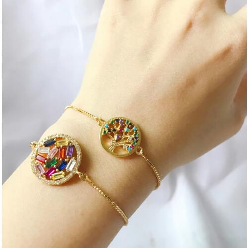 Gold filled round life Tree bracelet for women luxury jewelry rainbow cz cubic zirconia gorgeous adjustable bracelets girls gift