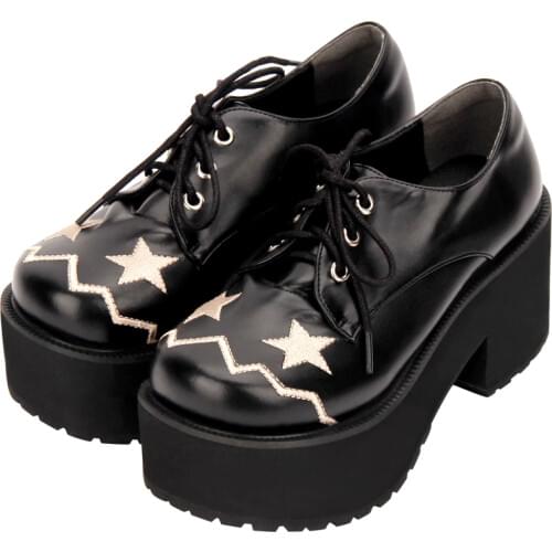 Platform Thick Bottom Cos Goth Lolita Shoes Punk Embroidered High-heeled 8cm Punk Shoes Star Lace Up Chunky Platform Lolita Shoe