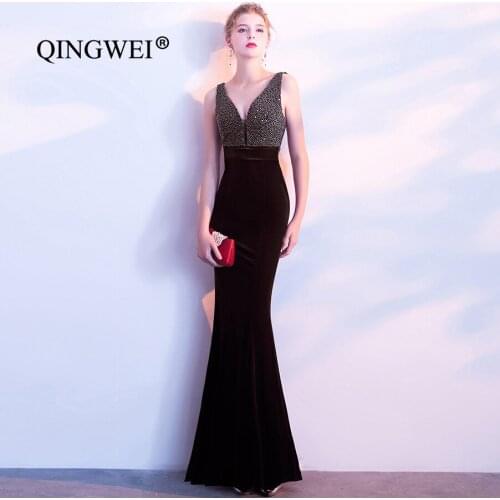 2019 new velvet slim slimming banquet sexy evening gown evening dress night fishtail shoulders car model long dress party dress