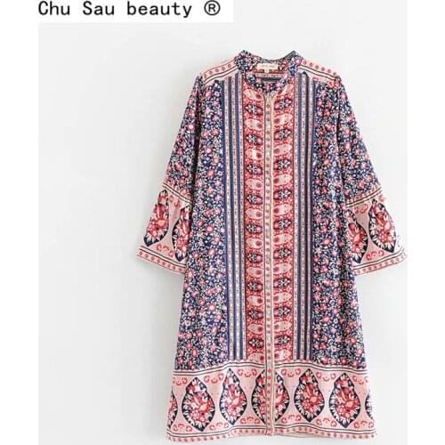 Women Summer Boho Floral Print O-neck Long Sleeve Stand Beach Midi Dress Ladies Single Breasted Long Dress Vestidos