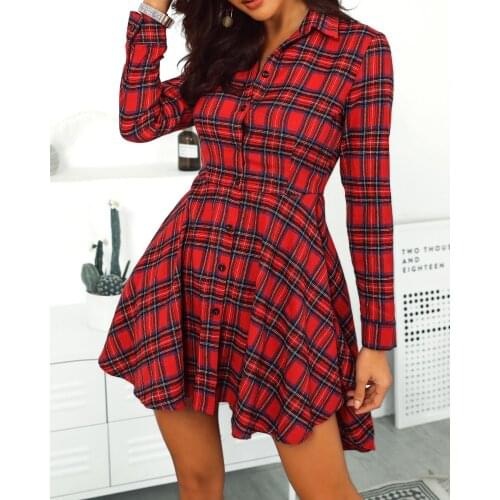 Womens Dress Christmas Red Plaid Button Blouse Dress Long Sleeve Casual Mini Shirt Dresses Plus Size 2XL 5