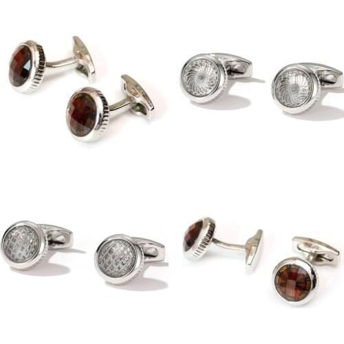 10pairs/lot Brown Crystal Cufflinks Silver Engraving Pattern Glass Cuff Links Business Style Mens Jewelry Accessory Wholesale