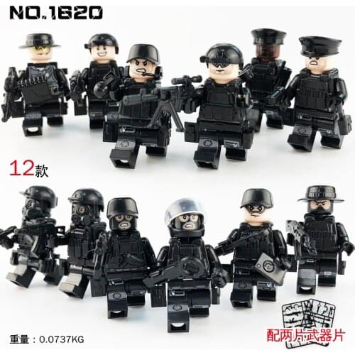 12pcs Bag 1620 City Black Doll Weapon Military Police Minifigure Childrens Building Block Accessories Gift Toy