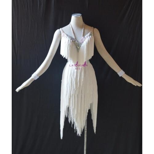 KAKA-L1507,Women Dance Wear,White Fringe Latin Dress,Salsa Dress Tango Samba Rumba Chacha Dress,Sexy Women Latin dress Fringe